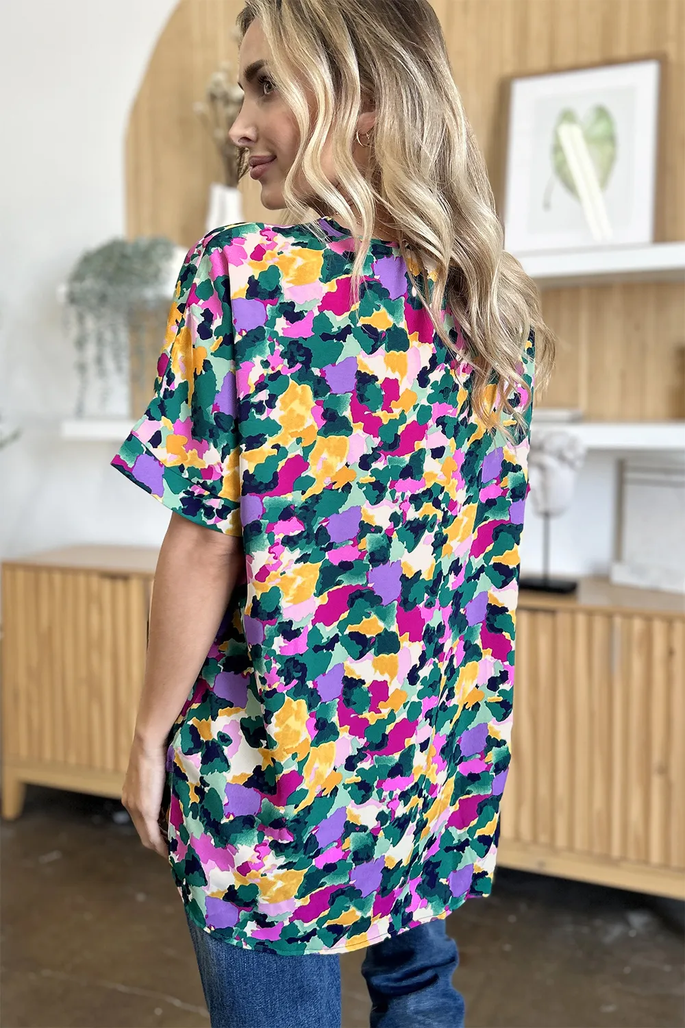 Full Size Printed V-Neck Short Sleeve Side Slit Top, image 8