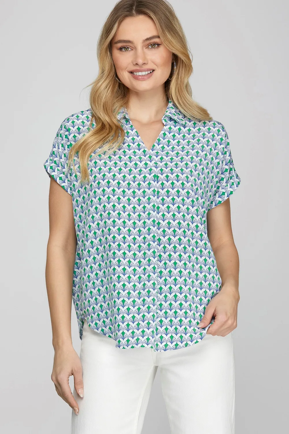 Full Size Printed Johnny Collar Short Sleeve Blouse Plus Size