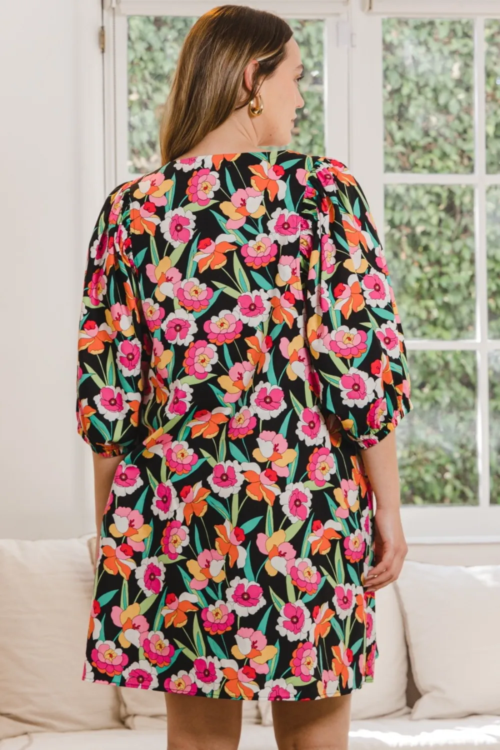 Full Size Floral Puff Sleeve Mini Dress, image 4