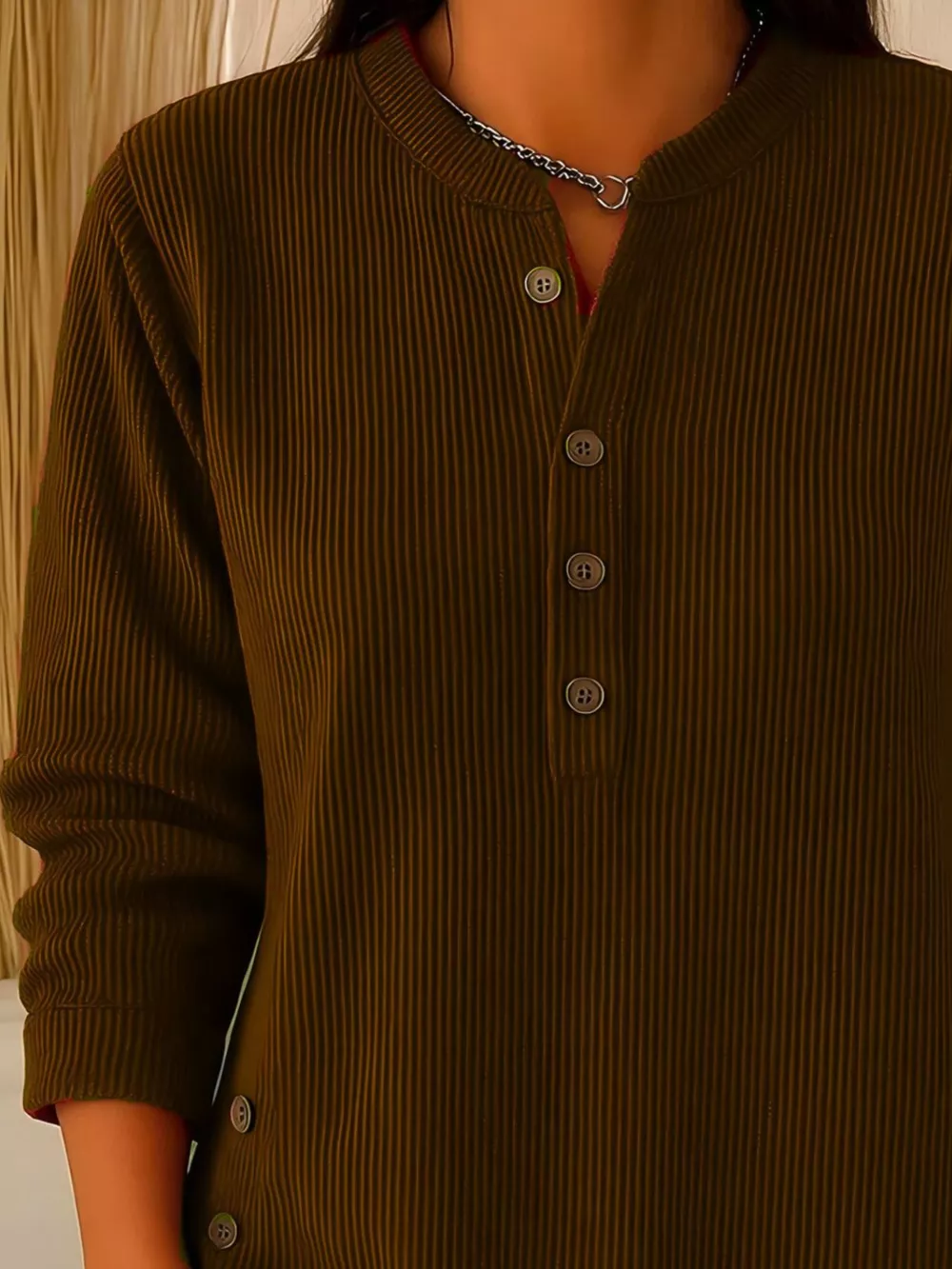 Full Size Ribbed Half Button Henley Top Plus Size, image 14