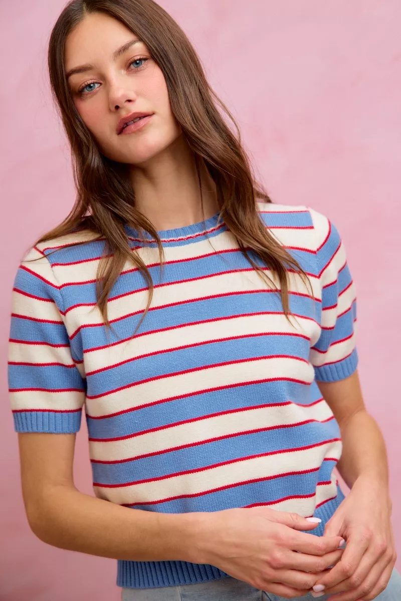 Stripe Knit Crew Neck Short Sleeves Sweater Top, image 12