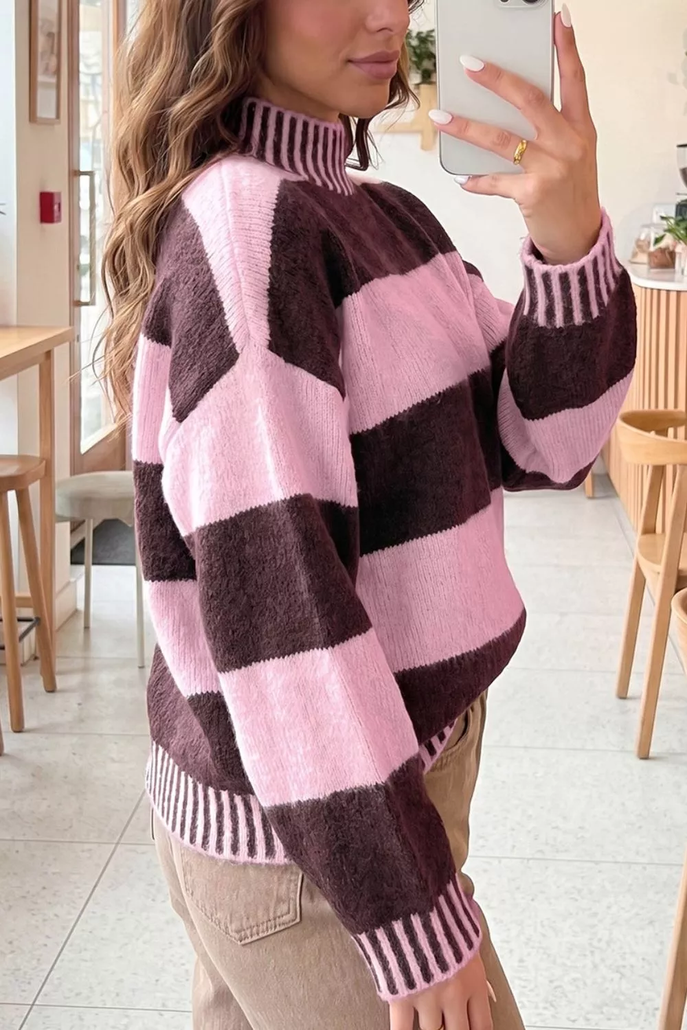Stripe Contrast High Neck Dropped Shoulder Relaxed Sweater, image 4