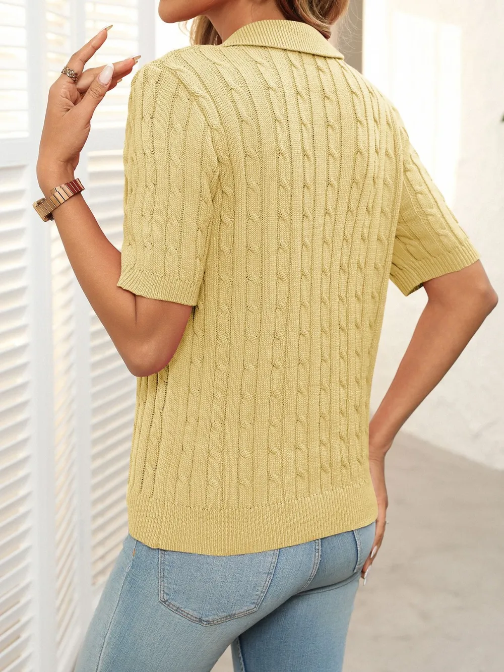 Cable Knit Johnny Collar Half Sleeve Sweater, image 28