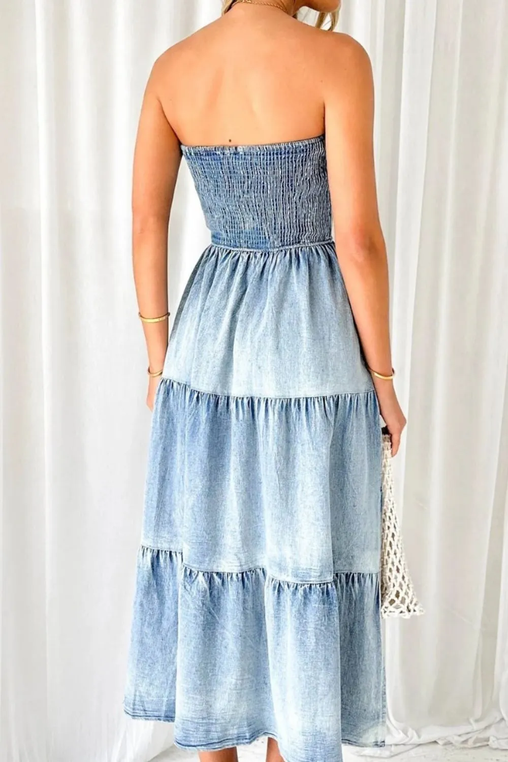 Smocked Tube Slit Tiered Denim Dress, image 7