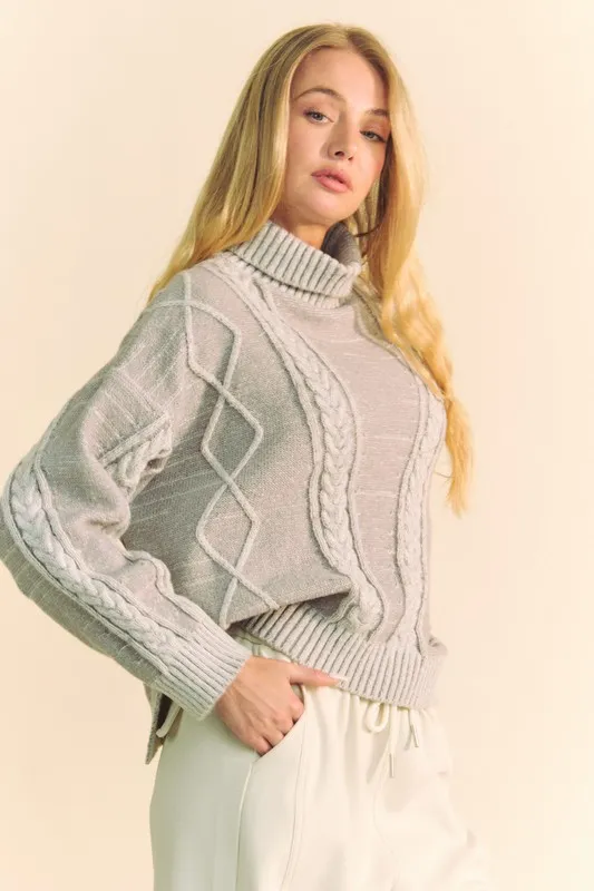Cable-Knit Turtleneck Dropped Shoulder Sweater, image 3