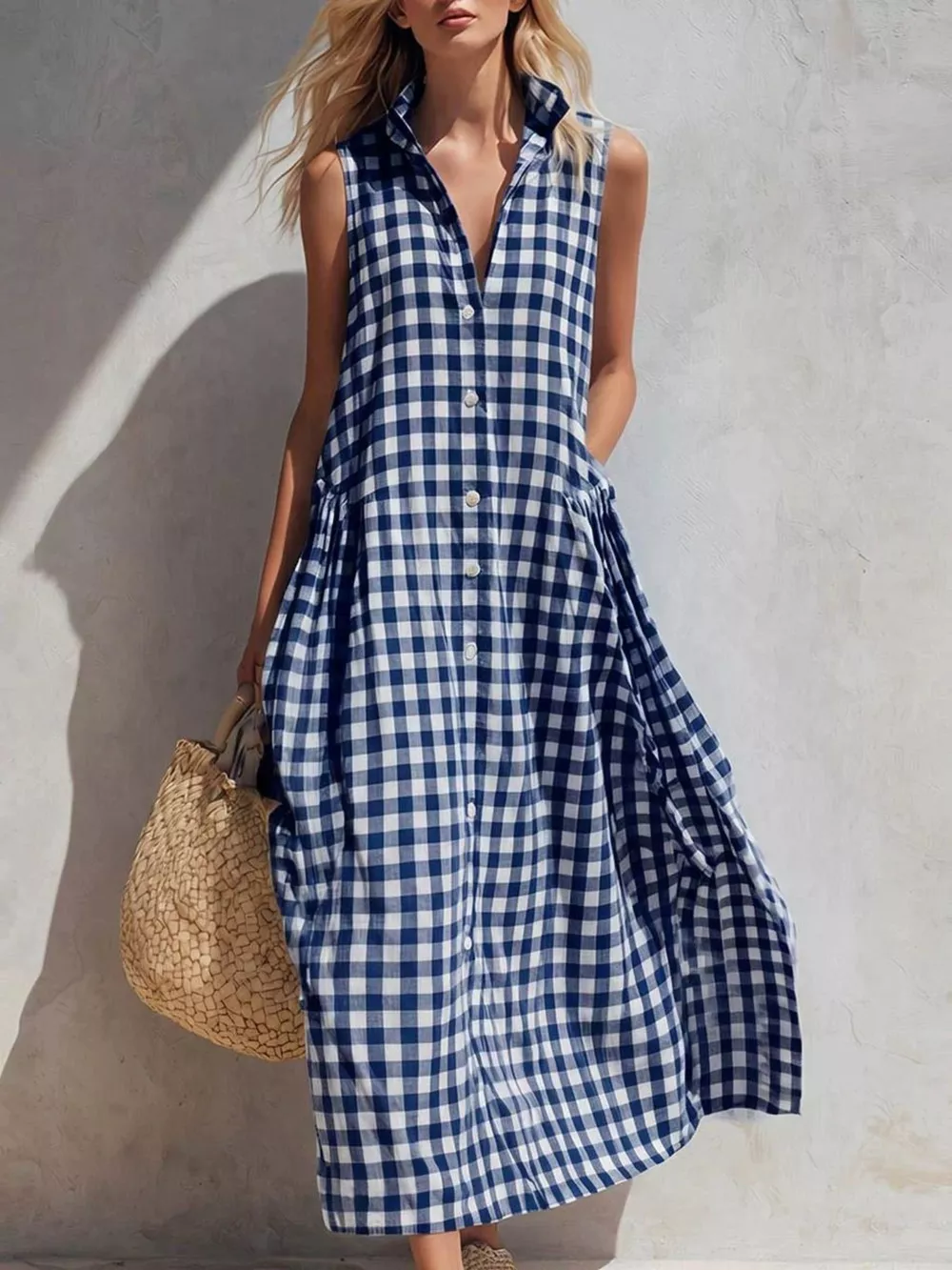 Full Size Sleeveless Gingham Button-Down Midi Dress Plus Size, image 7