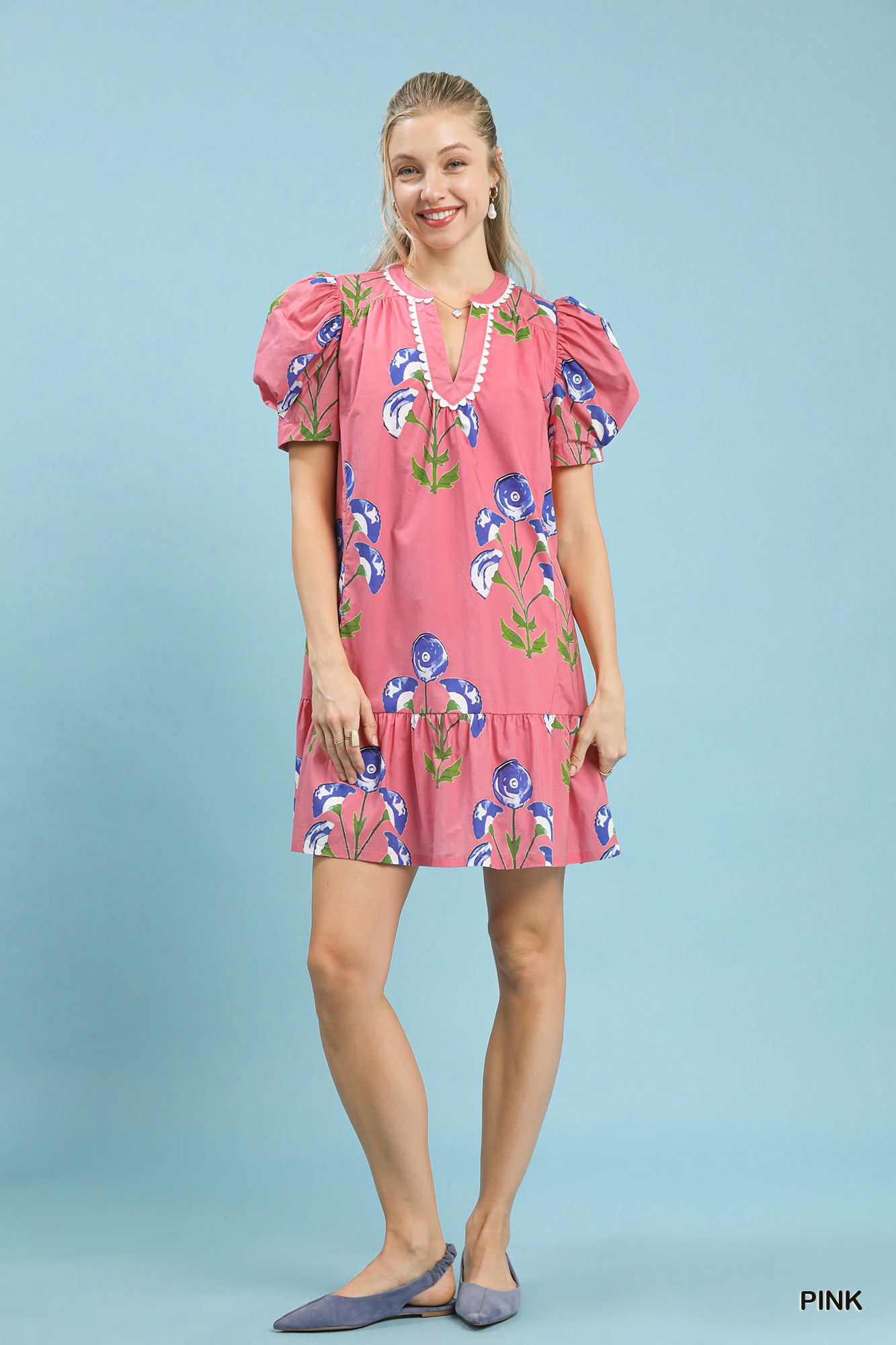 Floral Print Puff Sleeve Mini Dress with Scallop Trim, image 4
