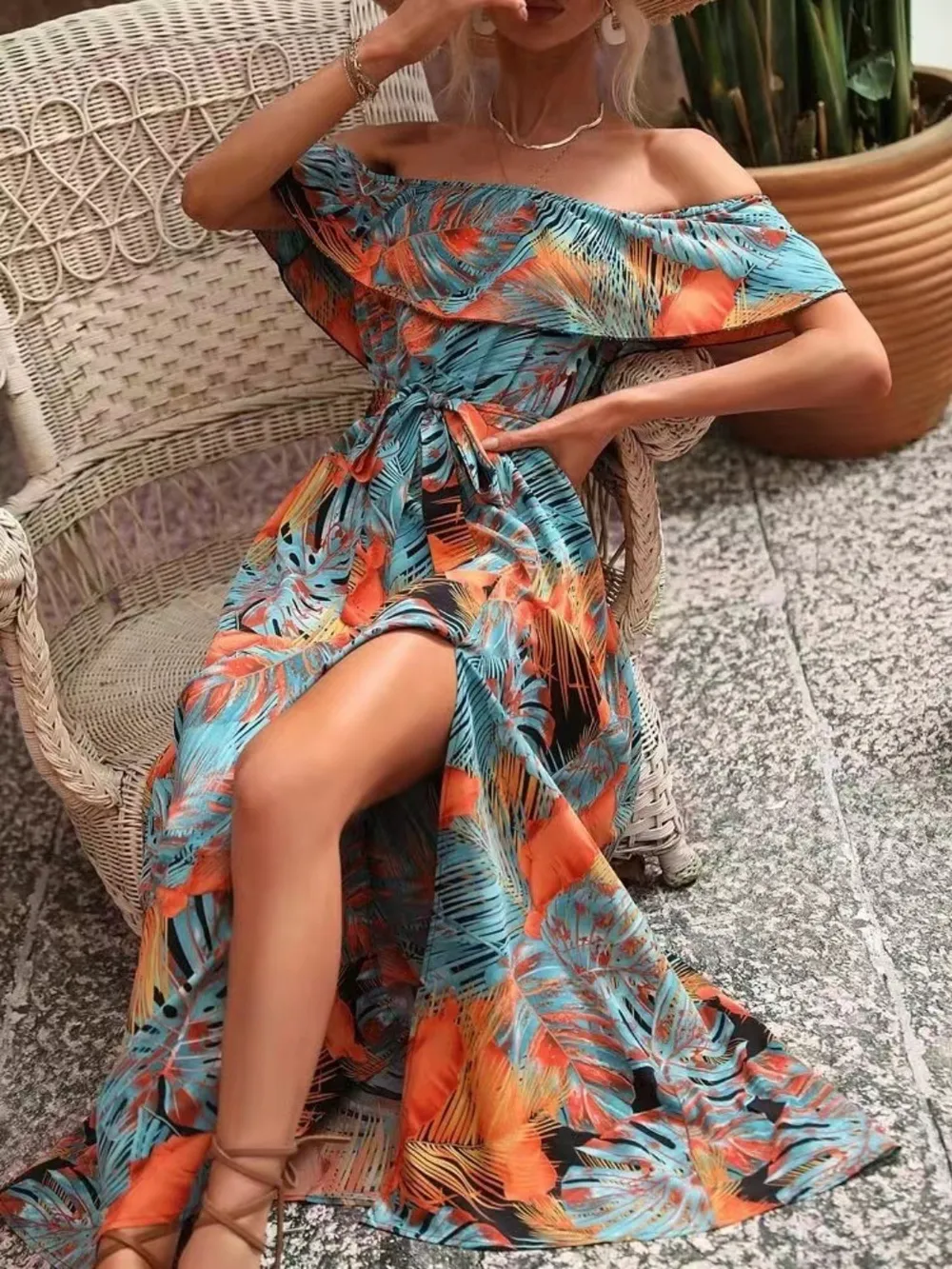 Ruffled Printed Off Shoulder Maxi Dress, image 20