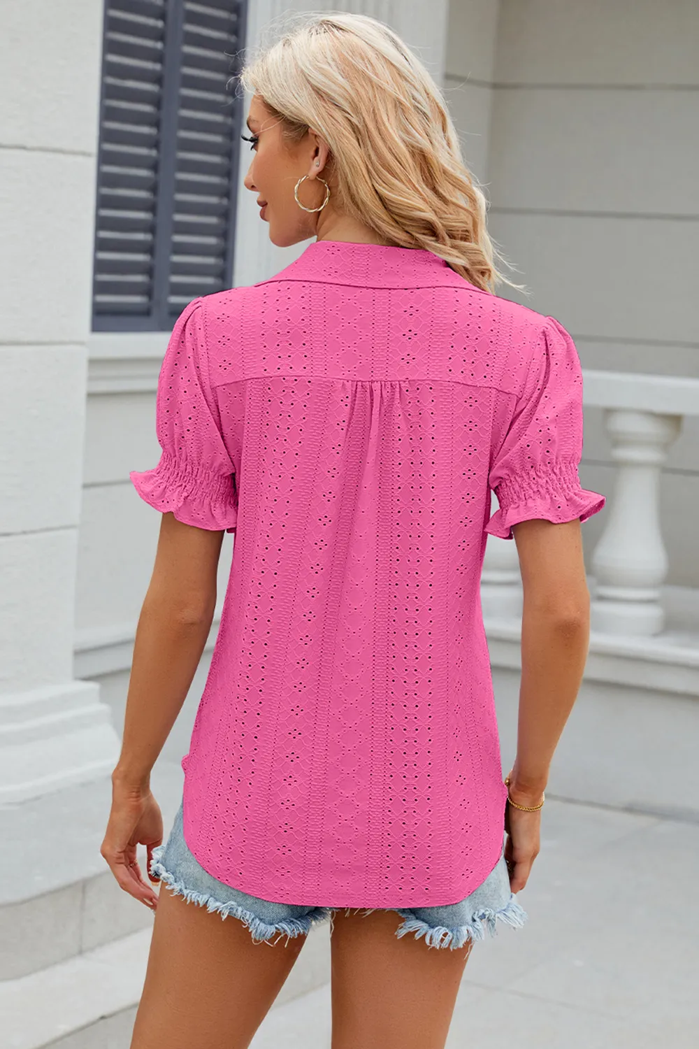 Eyelet Johnny Collar Short Sleeve Blouse, image 29