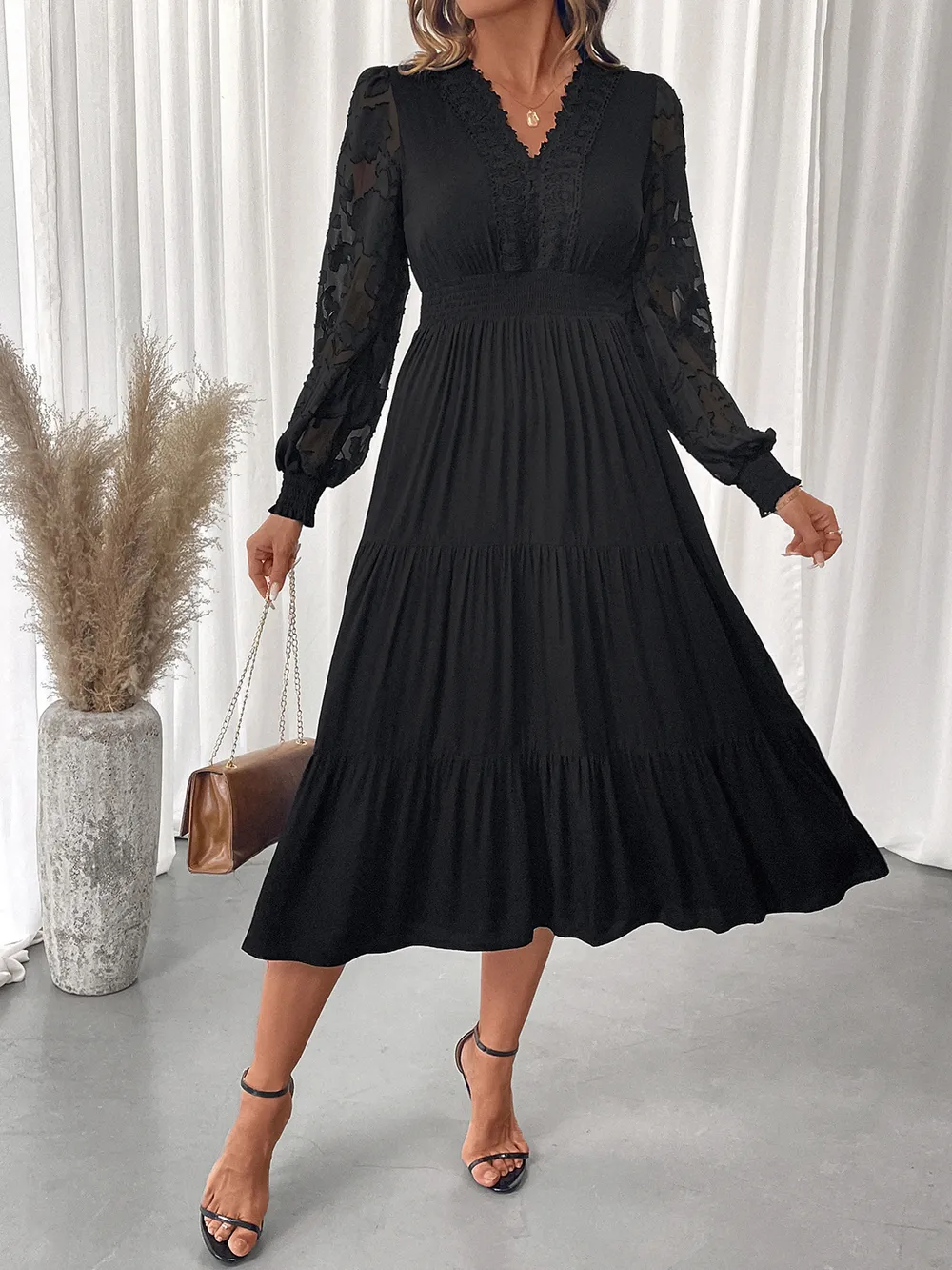 Lace Detail Lantern Sleeve Tiered Dress, image 8