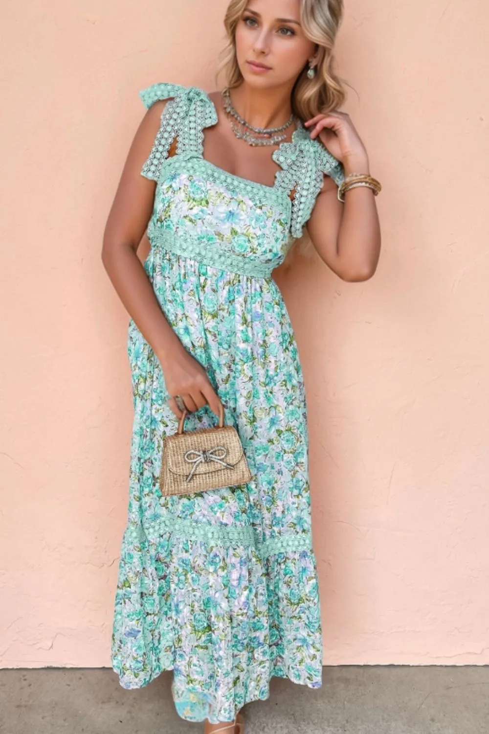 Lace Detail Square Neck Floral Dress, image 5