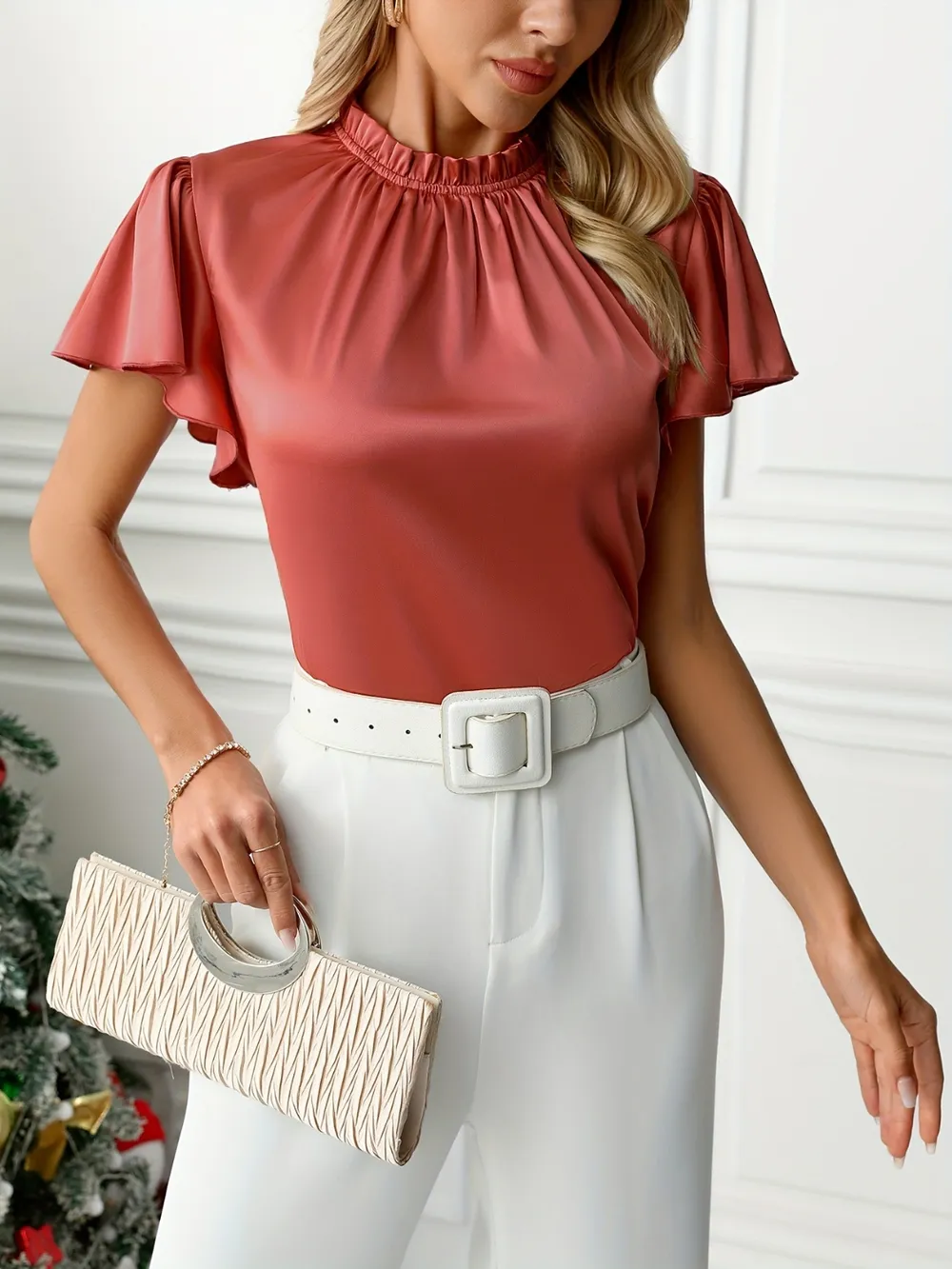 Mock Neck Flutter Sleeve Blouse, image 6