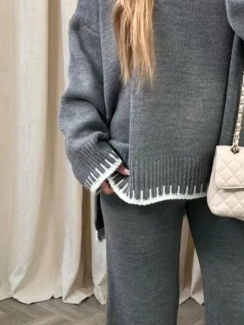 Contrast Trim Round Neck Top and Pants Sweater Set, image 8