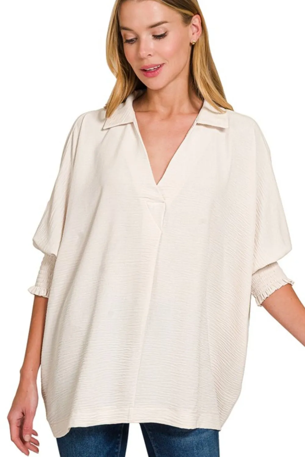 Airflow Collar Tee with Smocked Sleeve Band Top