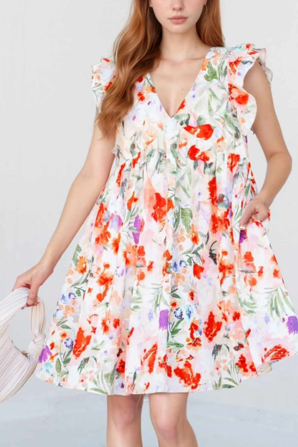 Floral Double Ruffle Sleeve V Neck Mini Dress