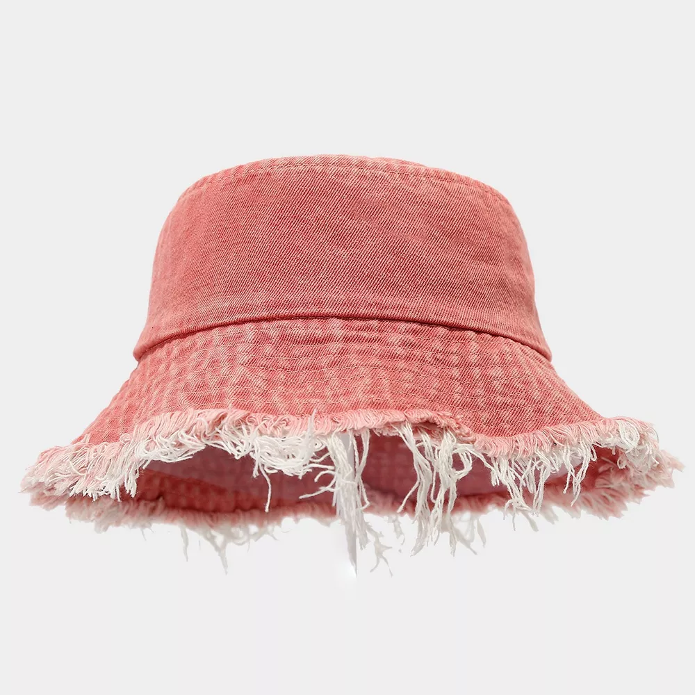 Vintage Washed Denim Bucket Hat with Frayed Raw Edge, image 4