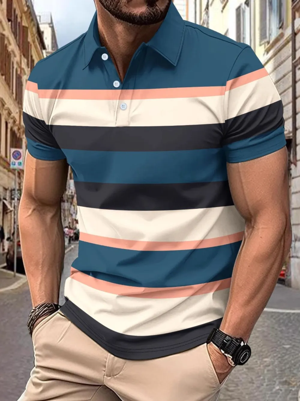 Men's Full Size Collared Short Sleeve Striped Polo Plus Size, image 6