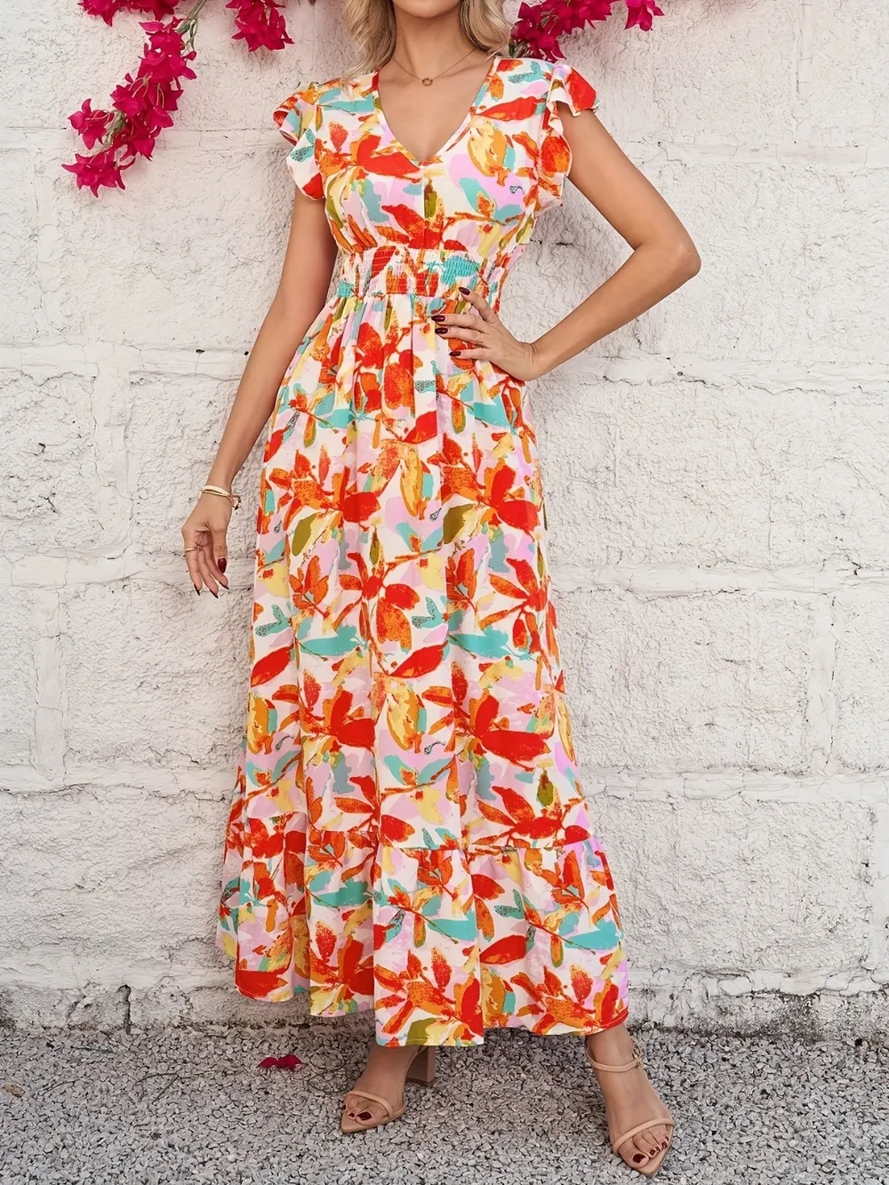 Ruffled V-Neck Cap Sleeve Dress, image 2