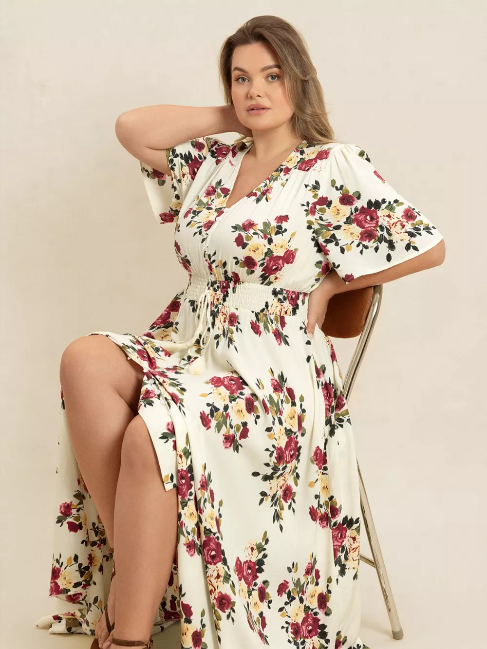 Plus Size Floral Flutter Sleeve Maxi Dress with Button Front, image 8
