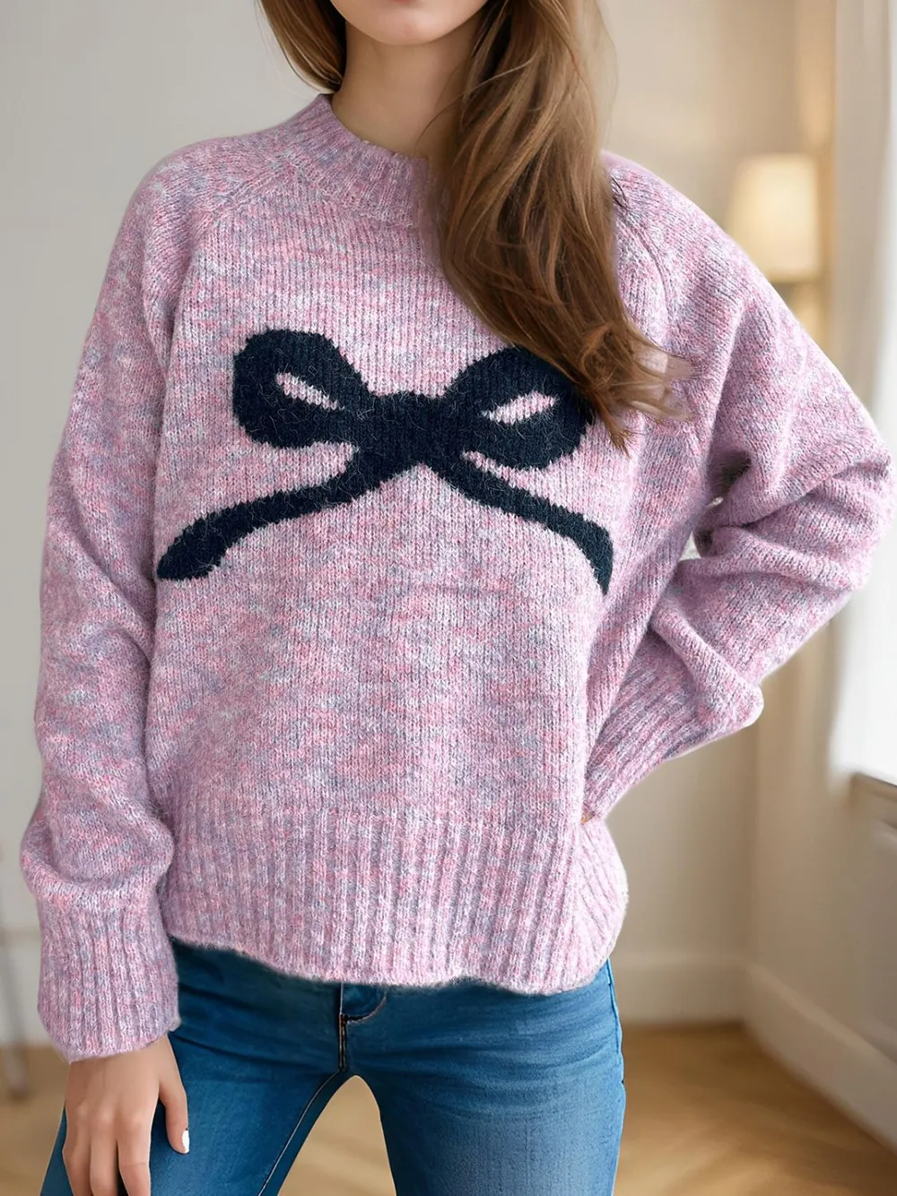Bow Round Neck Long Sleeve Sweater, image 12