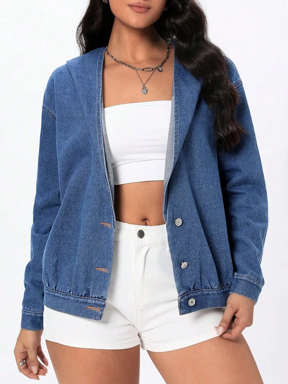 Button Up Hooded Denim Top, image 6