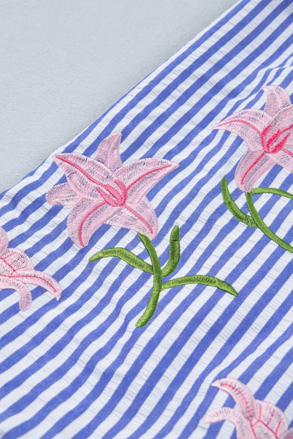 Striped Floral Embroidered Puff Sleeve Button Down Shirt, image 8