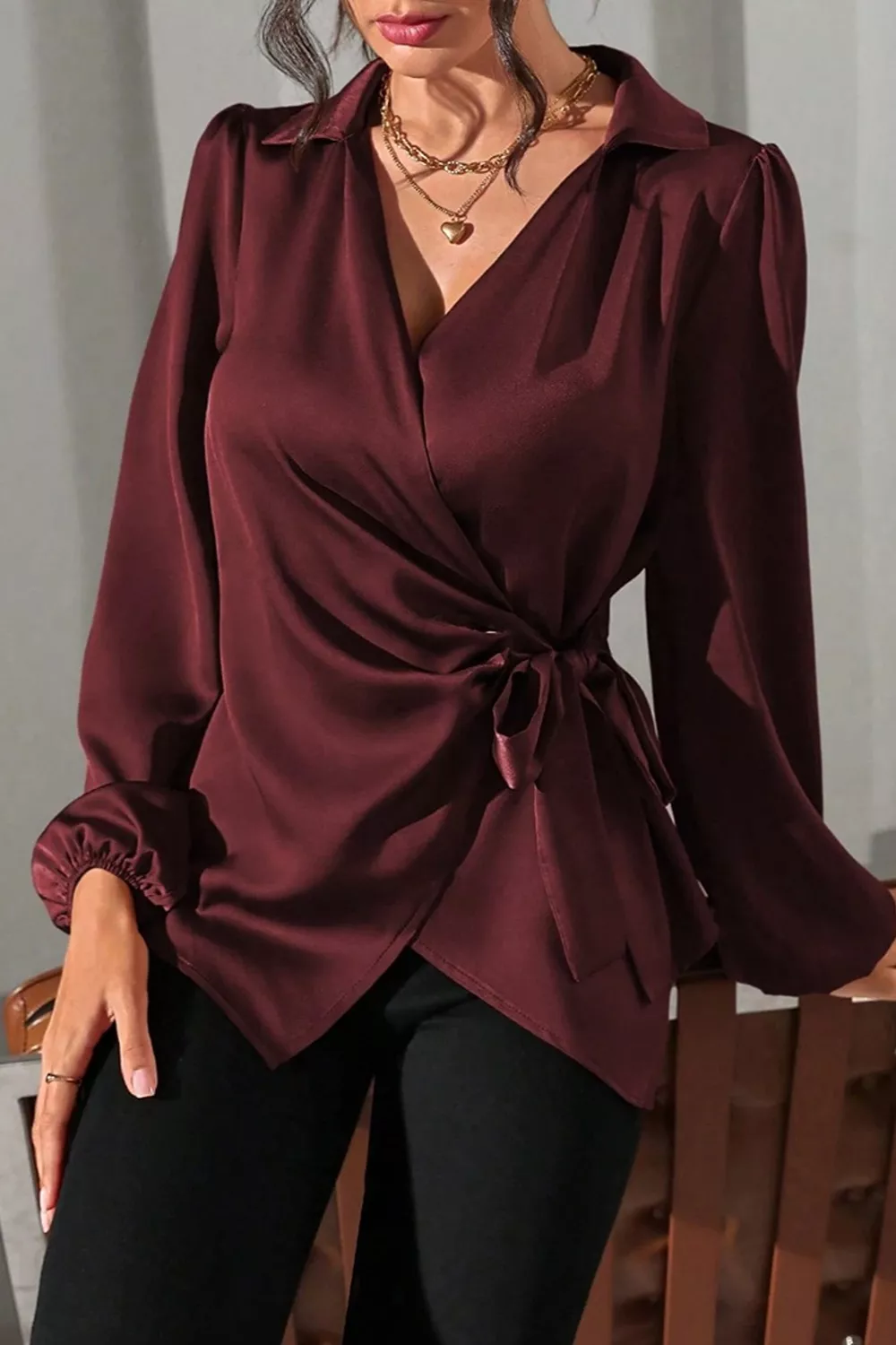 Satin Tied Detail Long Sleeve Blouse, image 13