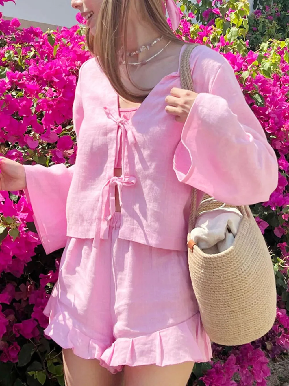 Tie Front Long Sleeve Top and Shorts Set, image 3