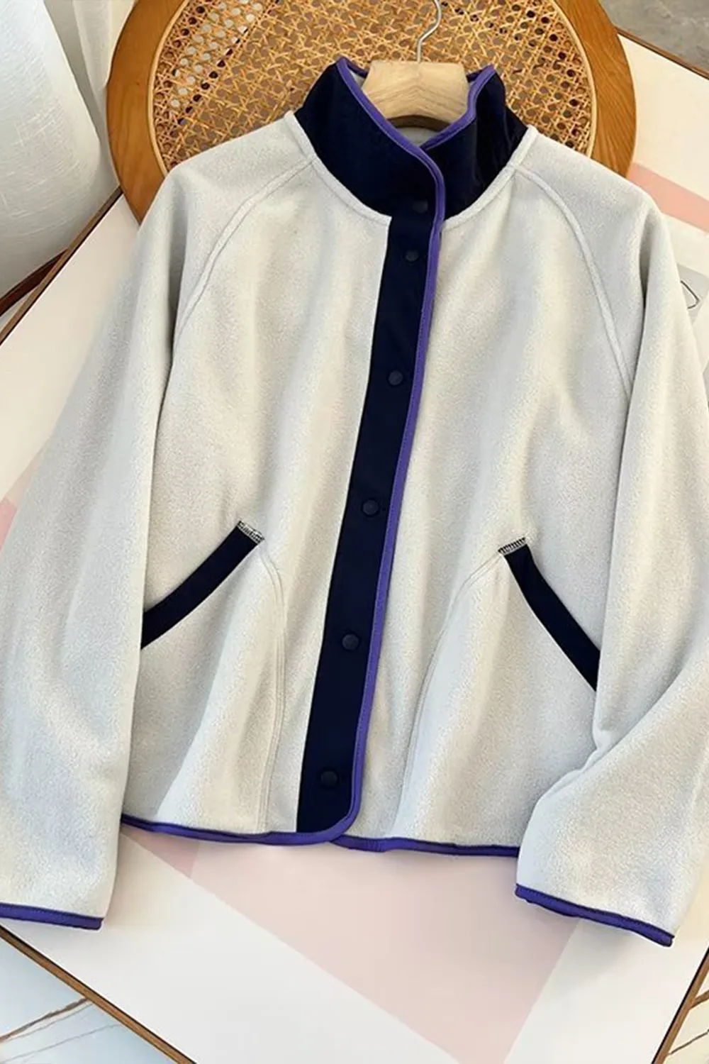 Snap Down Contrast Fleece Jacket with Pockets, image 12