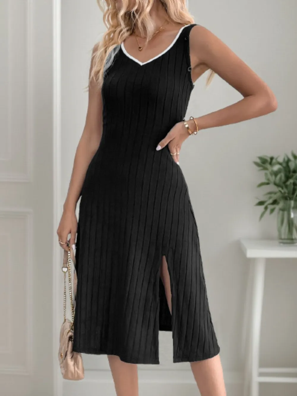 Slit Wide Strap Dress and Detachable Long Sleeves Set, image 4