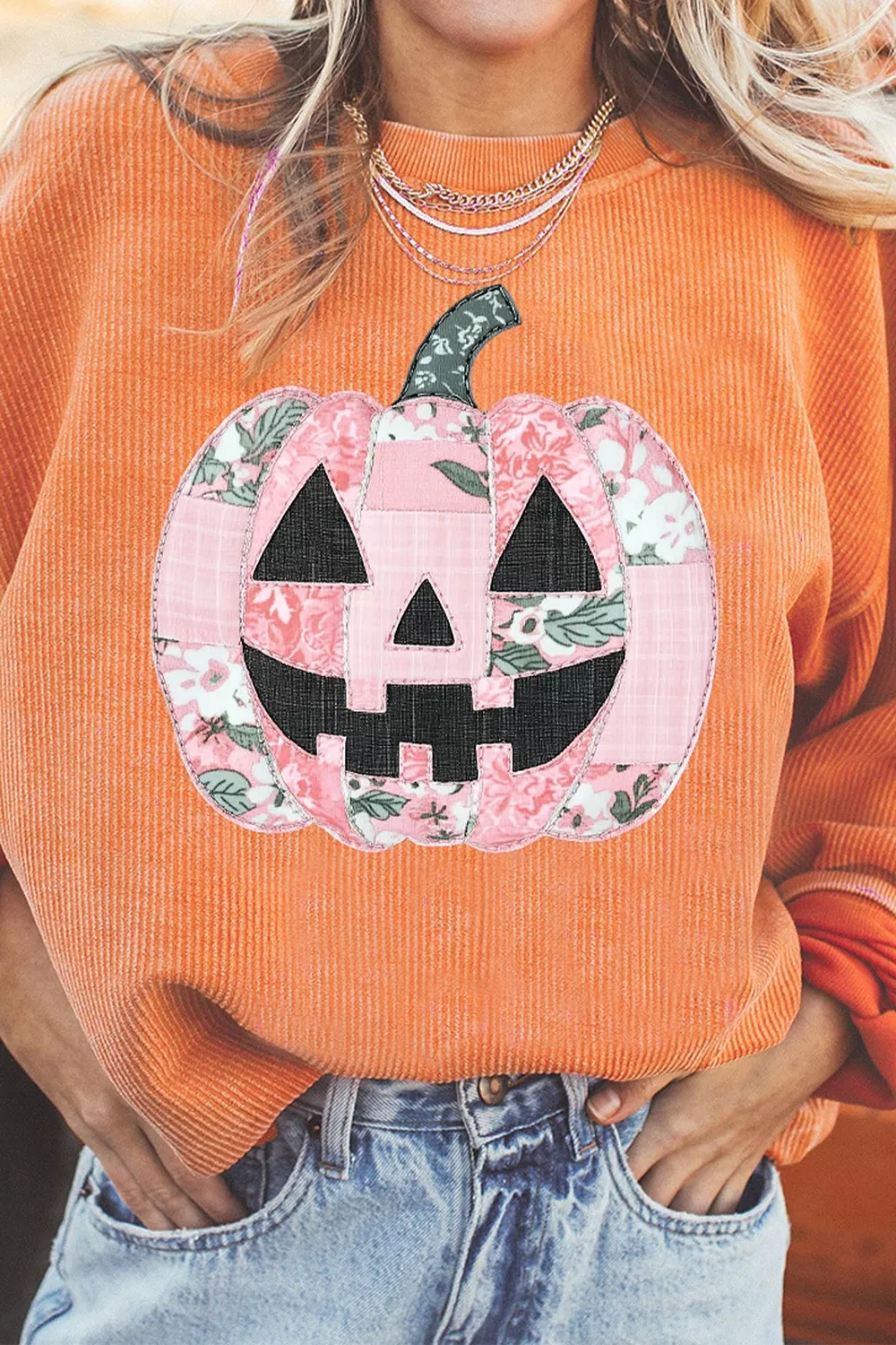 Patchwork Pumpkin Graphic Corded Ribbed Round Neck Tunic Sweatshirt, image 6