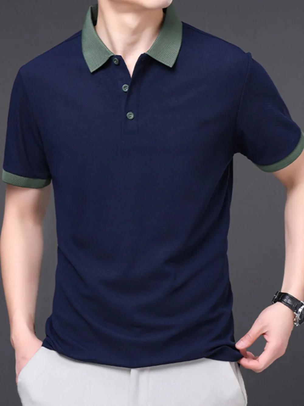 Men's Plus Size Contrast Collar Short Sleeve Polo Shirt, image 2