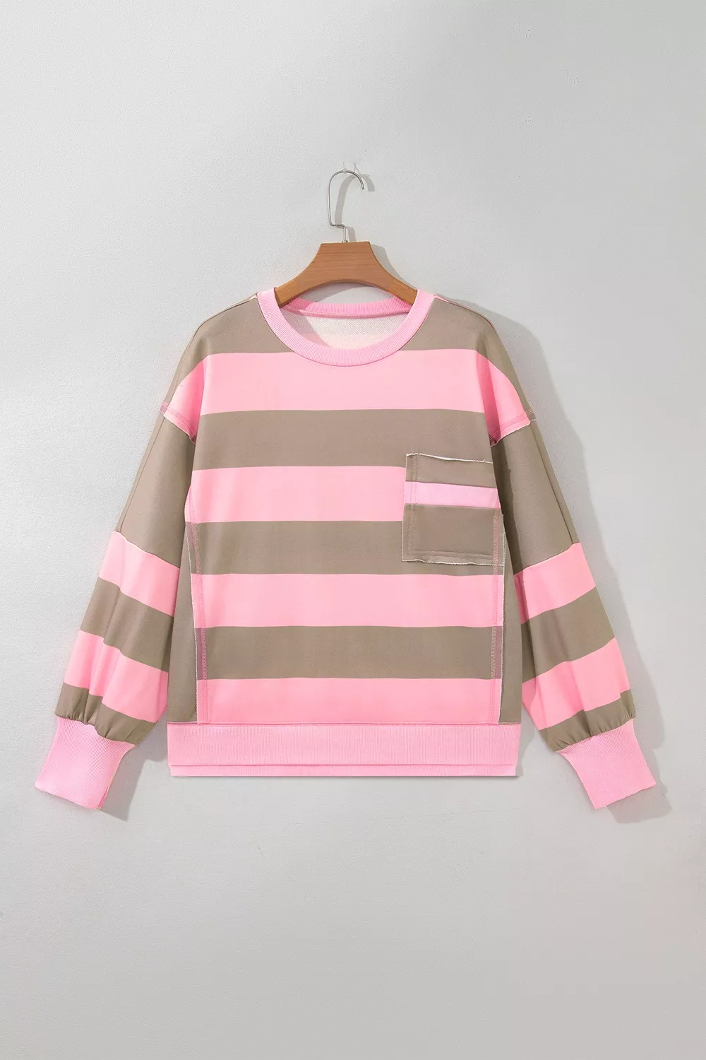 Striped Colorblock Patch Pocket Split Hem Oversized Long Sleeve Sweatshirt, image 5
