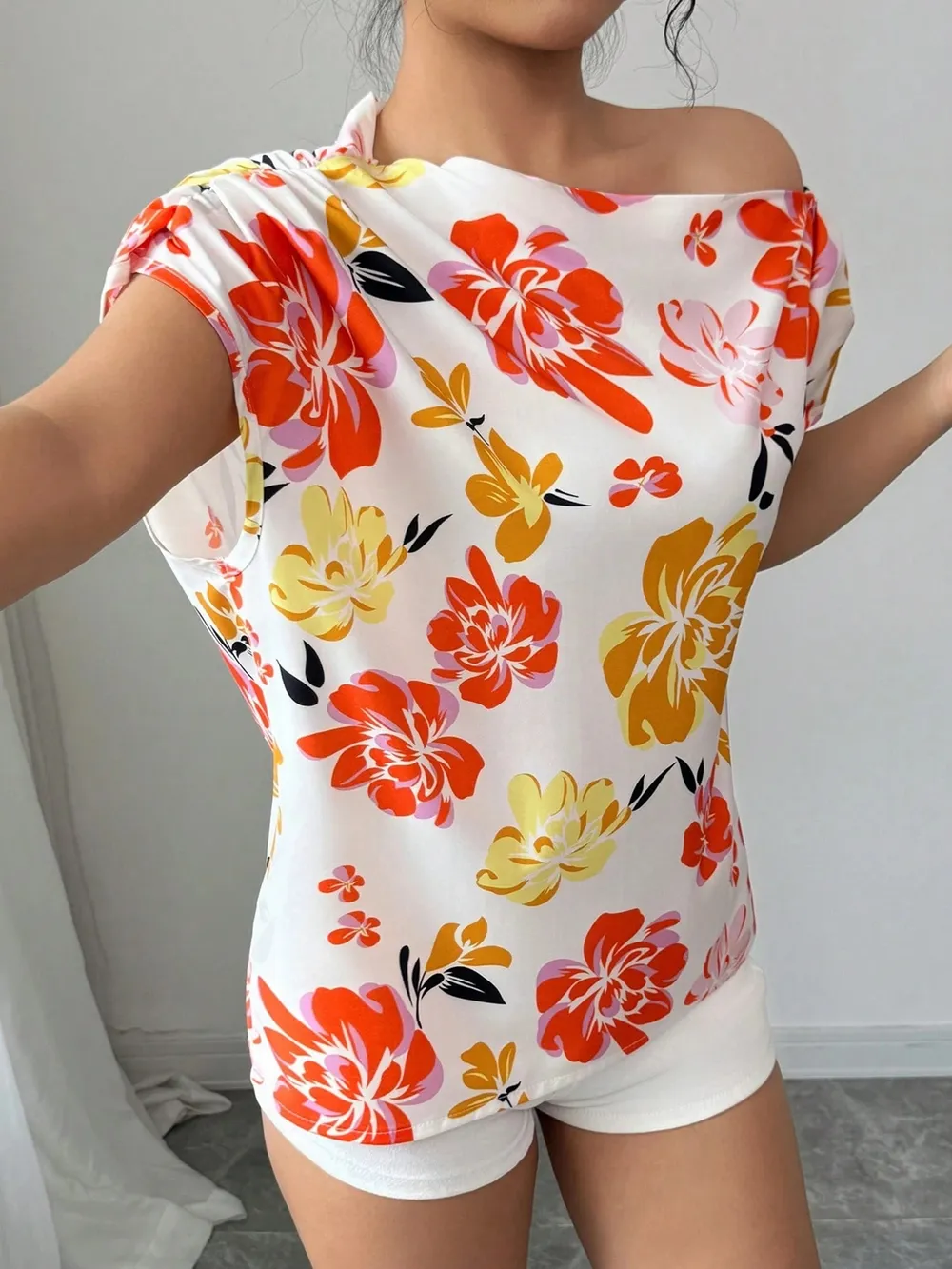 Floral Print One Shoulder Short Sleeve Blouse