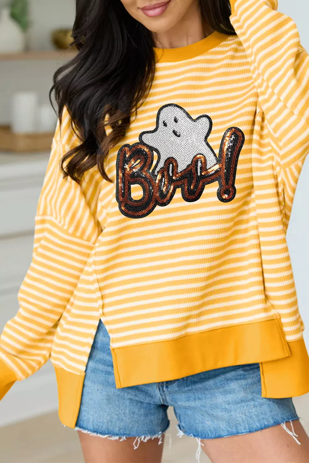 Stripe Boo Sequin Ghost Halloween Split Hem Long Sleeve Top