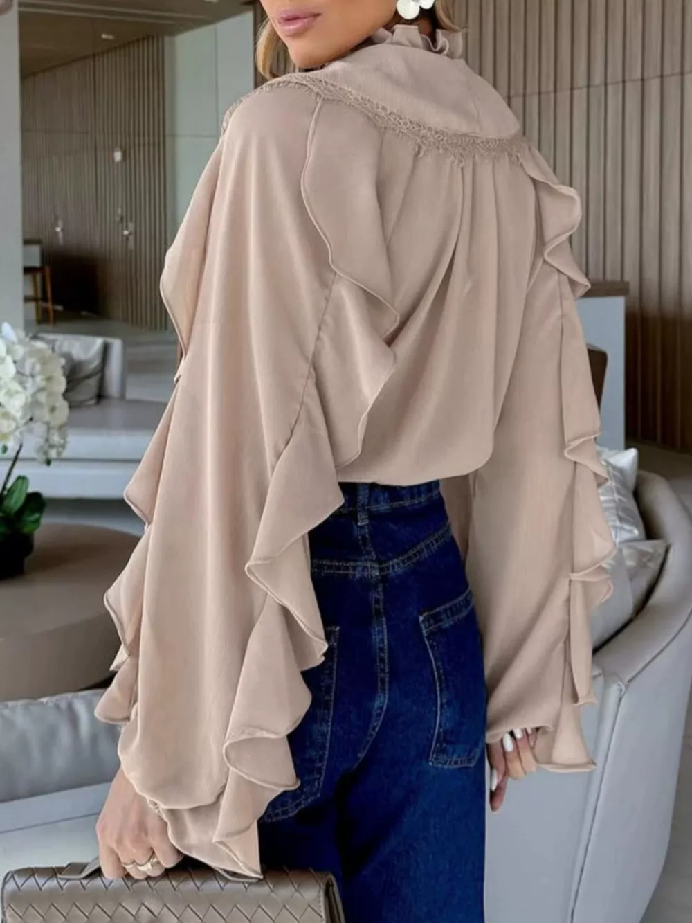 V-Neck Ruffled Lace Trim Blouse, image 8