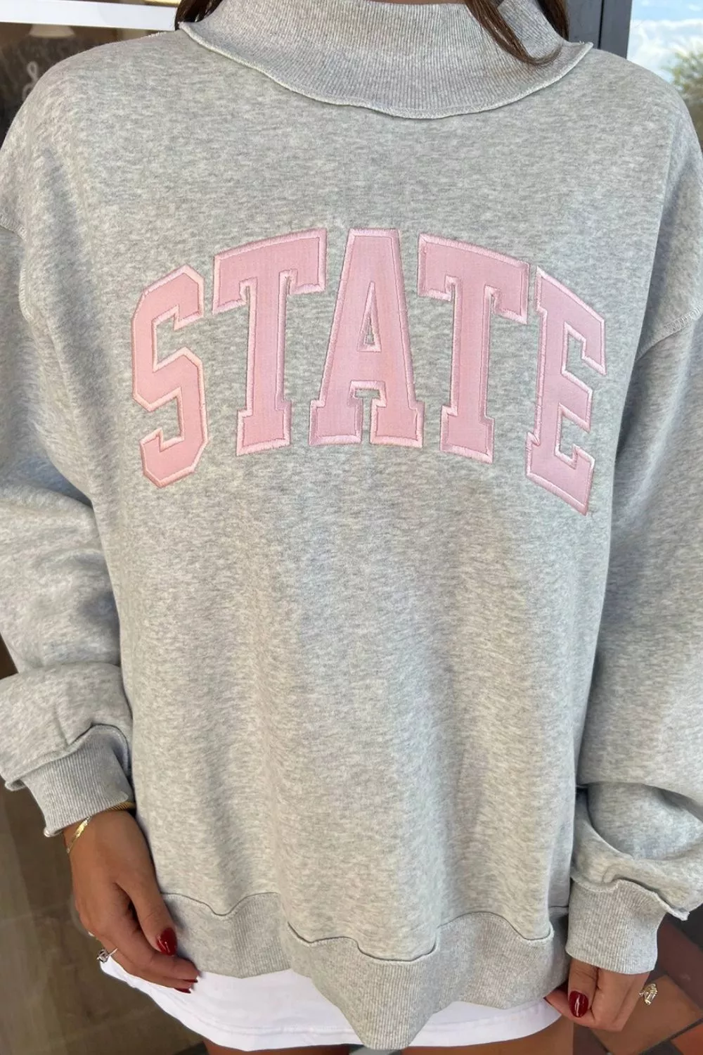Exposed Seam Mock Neck STATE Letter Graphic Loose Sweatshirt, image 3