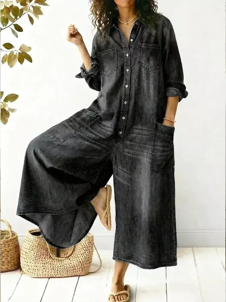 Full Size Button Front Wide Leg Jumpsuit with Chest Pockets Plus Size, image 3