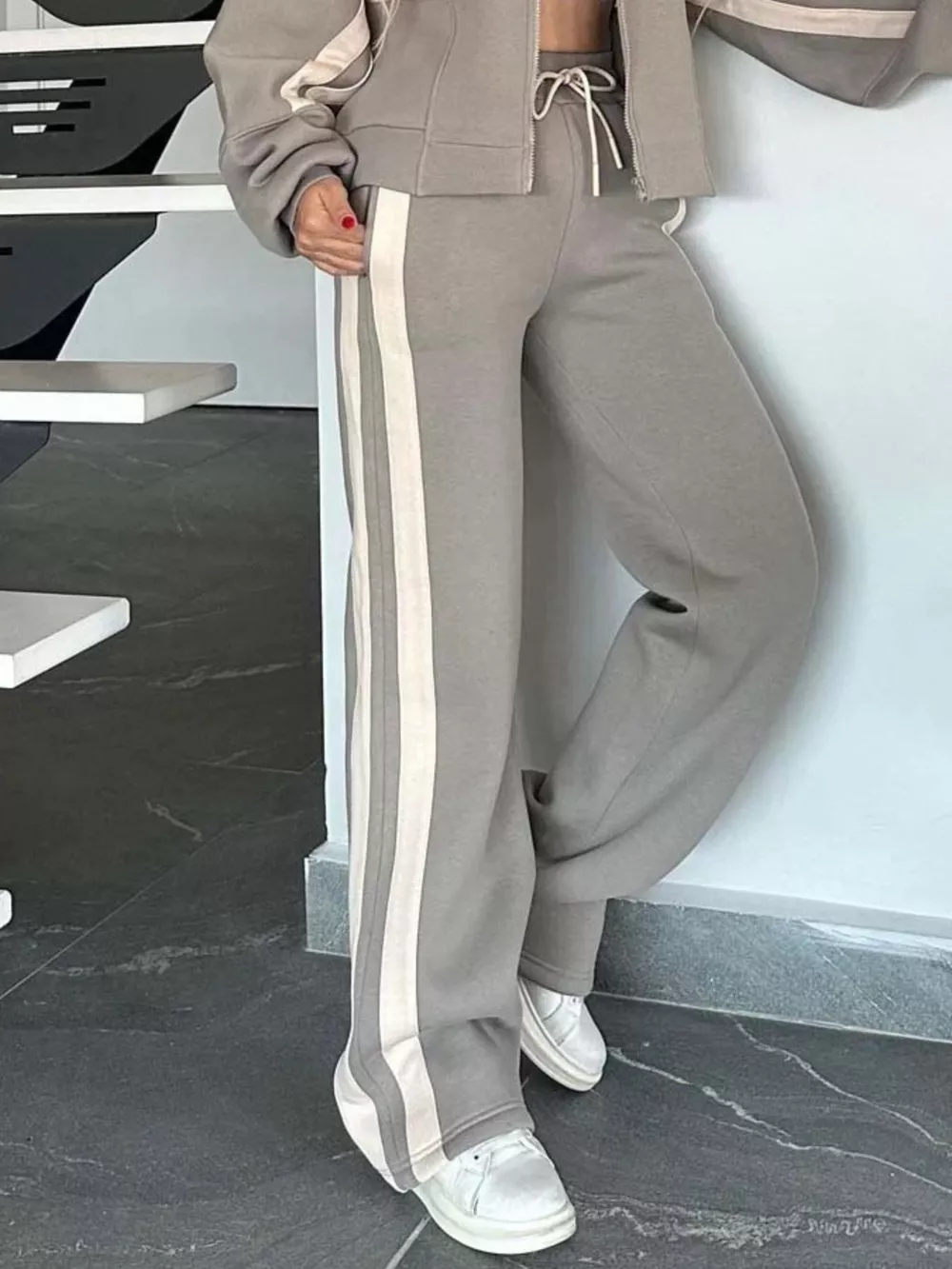 Full Size Contrast Stripe Zip Up Jacket and Pants Set Plus Size, image 10