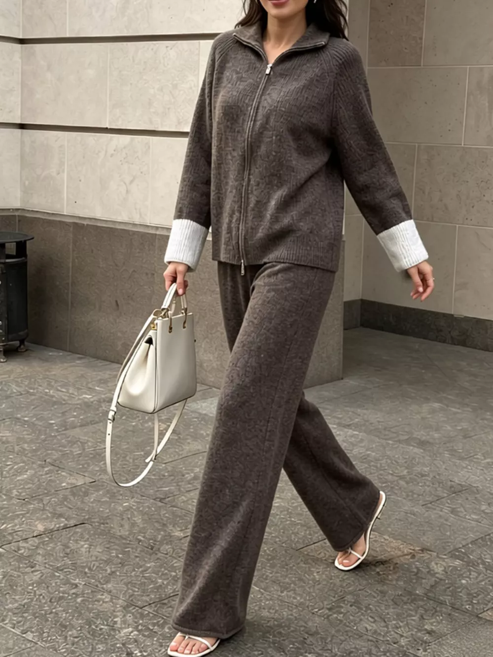 Zip-Up Contrast Cuff Cardigan and Pants Sweater Set, image 22