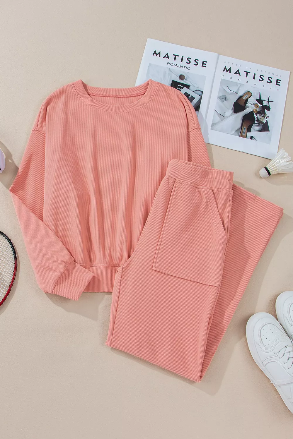 Ribbed Round Neck Top and Pants Set, image 15