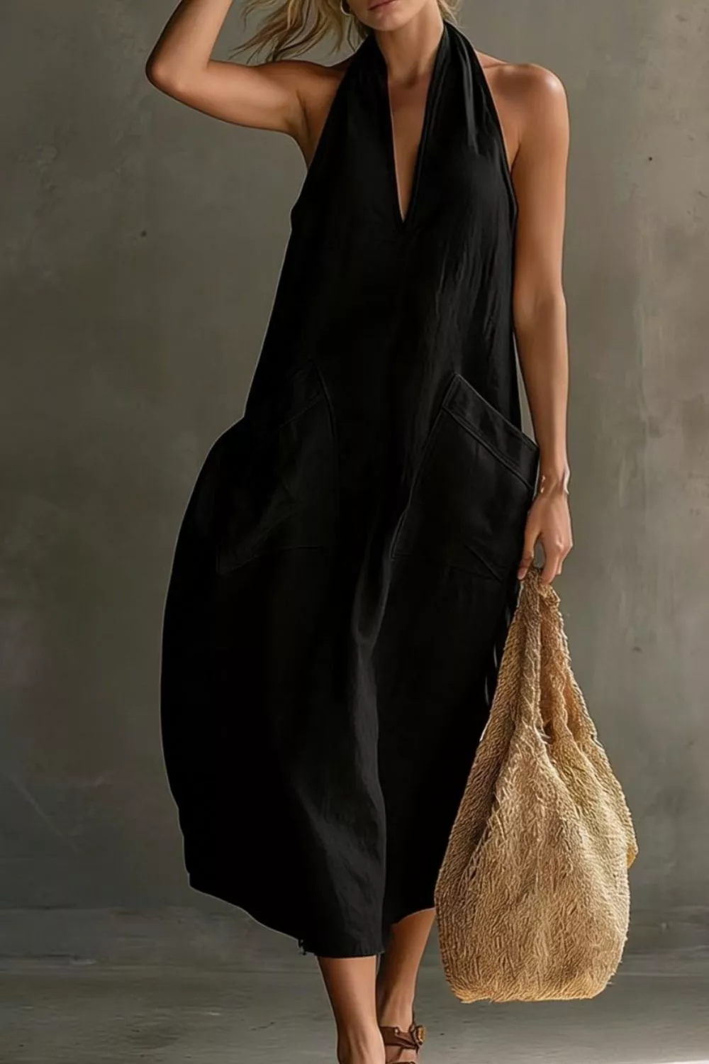 Casual Halter Neck Pocket Midi Dress, image 15