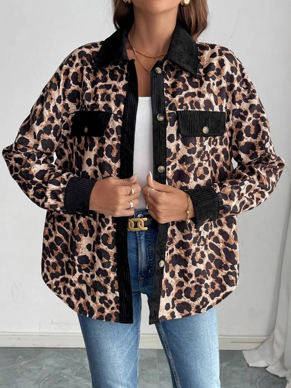 Leopard Collared Neck Button Up Shacket, image 3