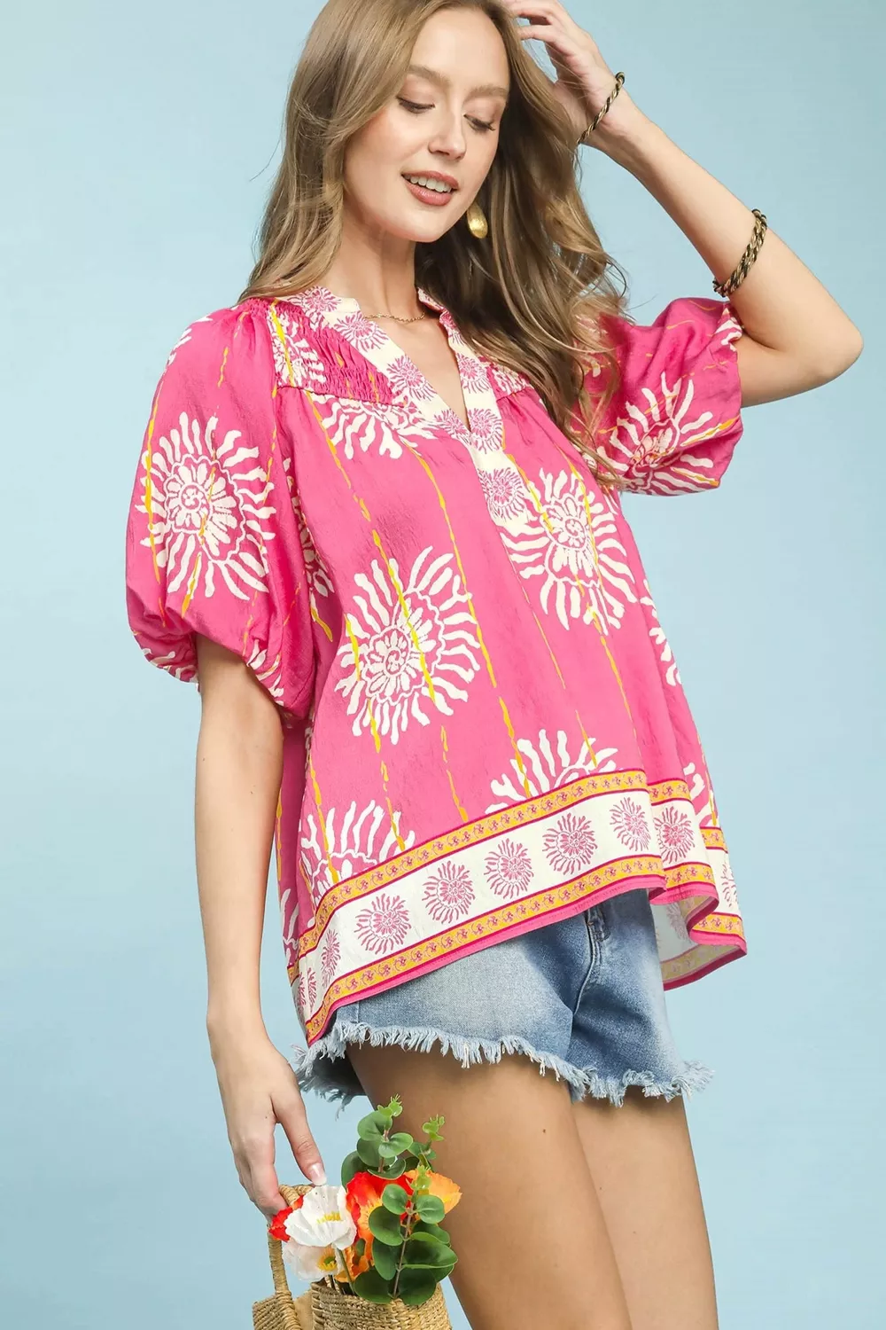Floral Border Smocked V-Neck Boho Blouse, image 2