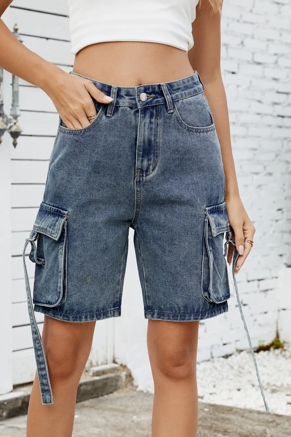 Washed Cargo Denim Shorts, image 15
