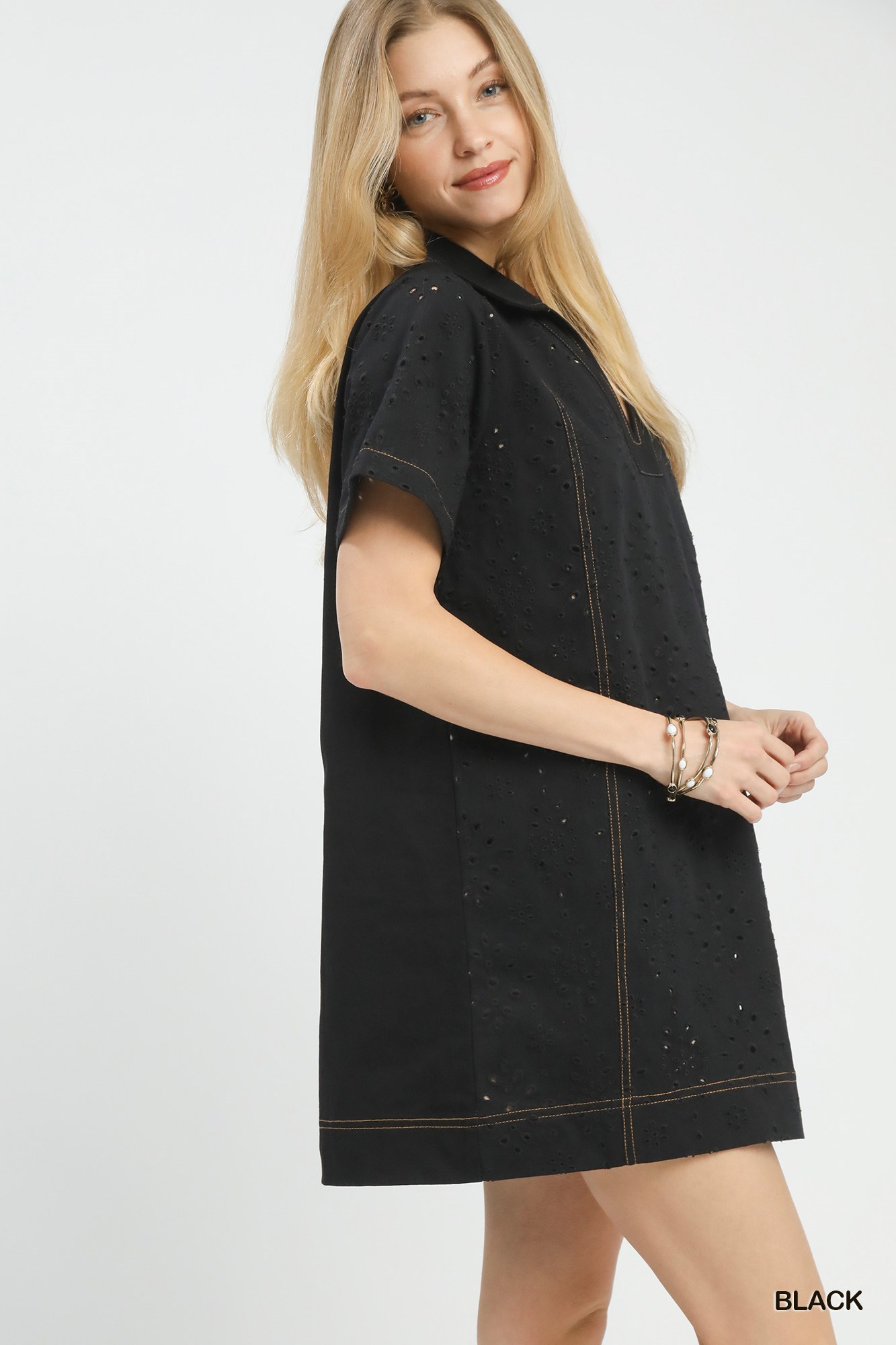 Eyelet Short Sleeve Shift Dress with Pocket, image 5