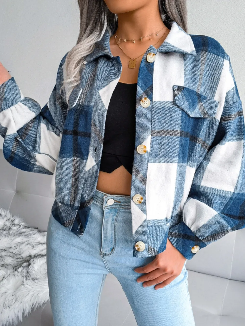 Plaid Collared Neck Long Sleeve Jacket, image 21