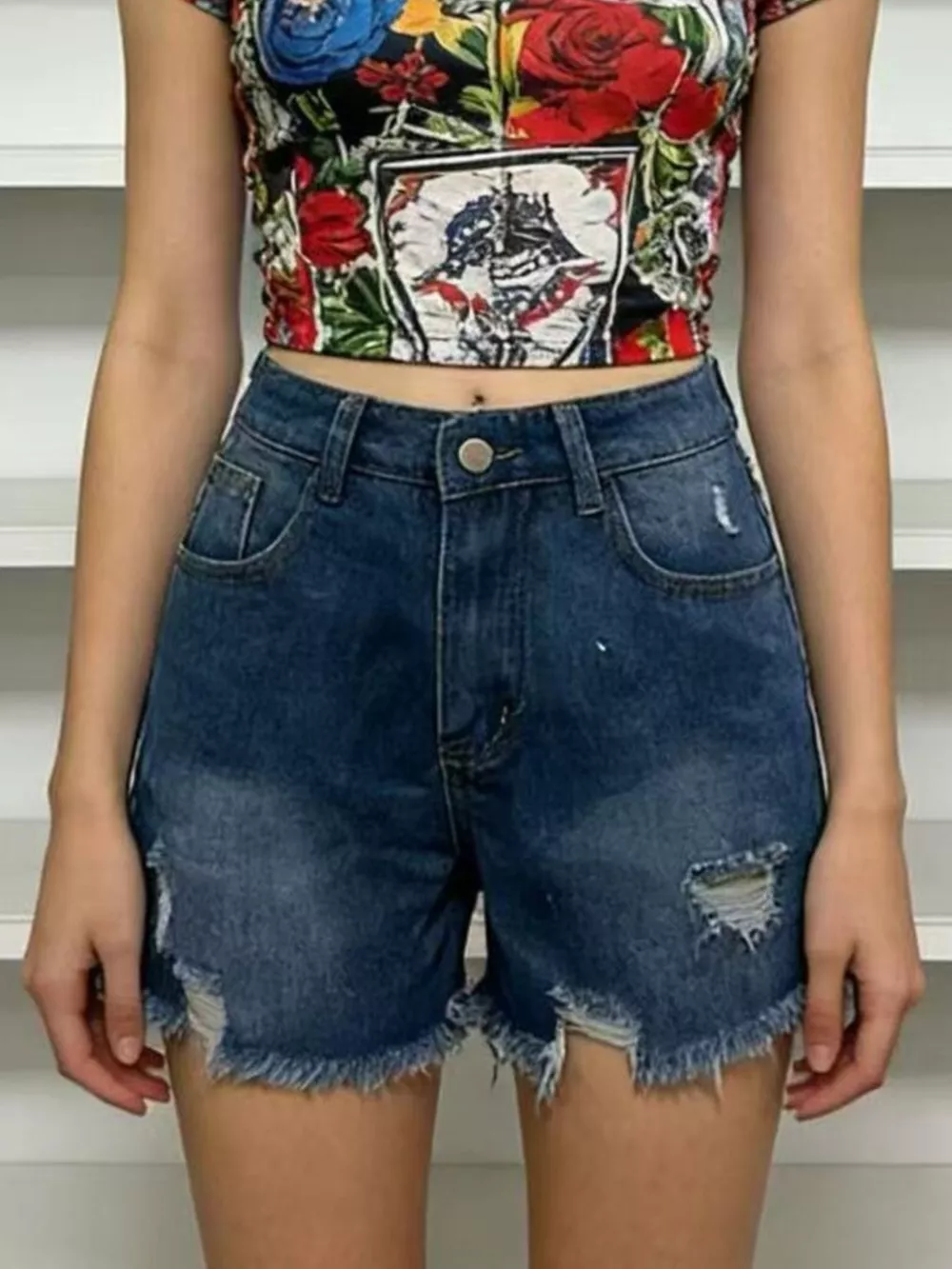 Distressed Frayed Hem Denim Shorts, image 7