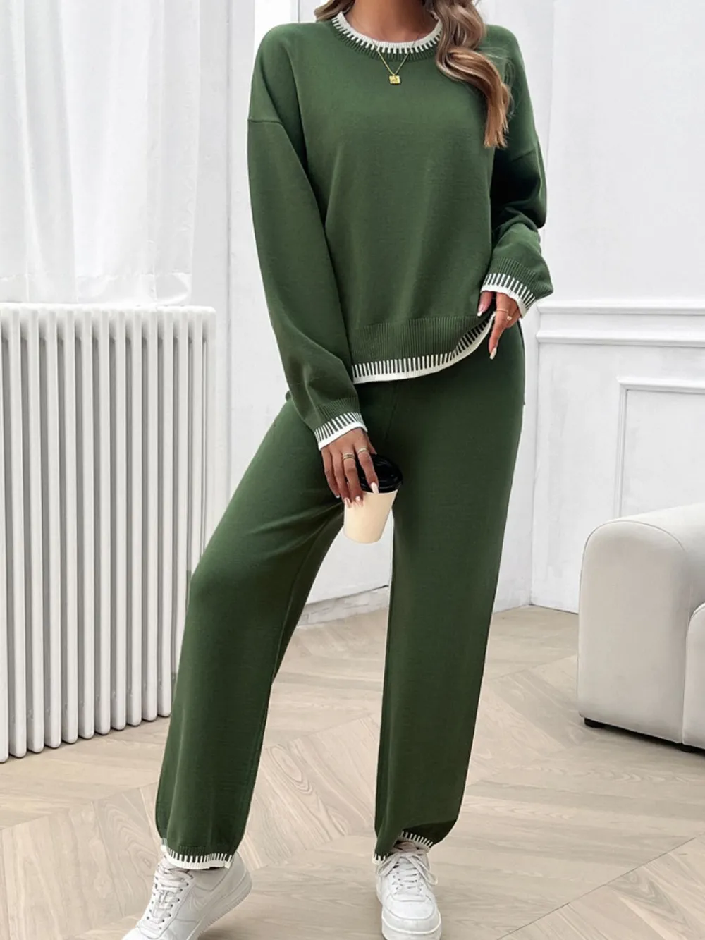 Round Neck Dropped Shoulder Top and Pants Sweater Set, image 13