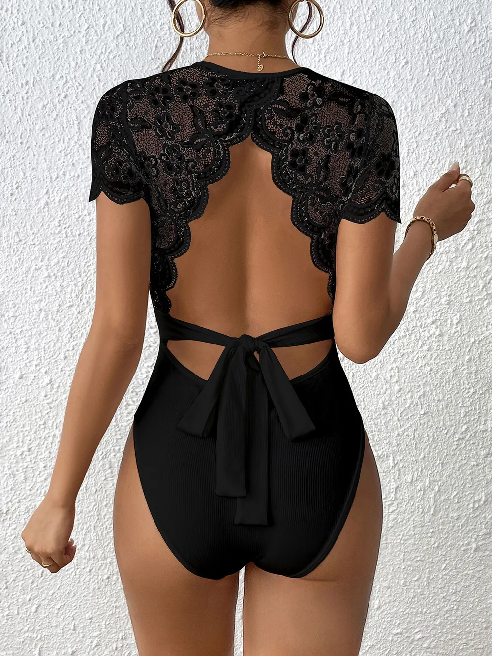 Lace Backless Round Neck Bodysuit, image 4